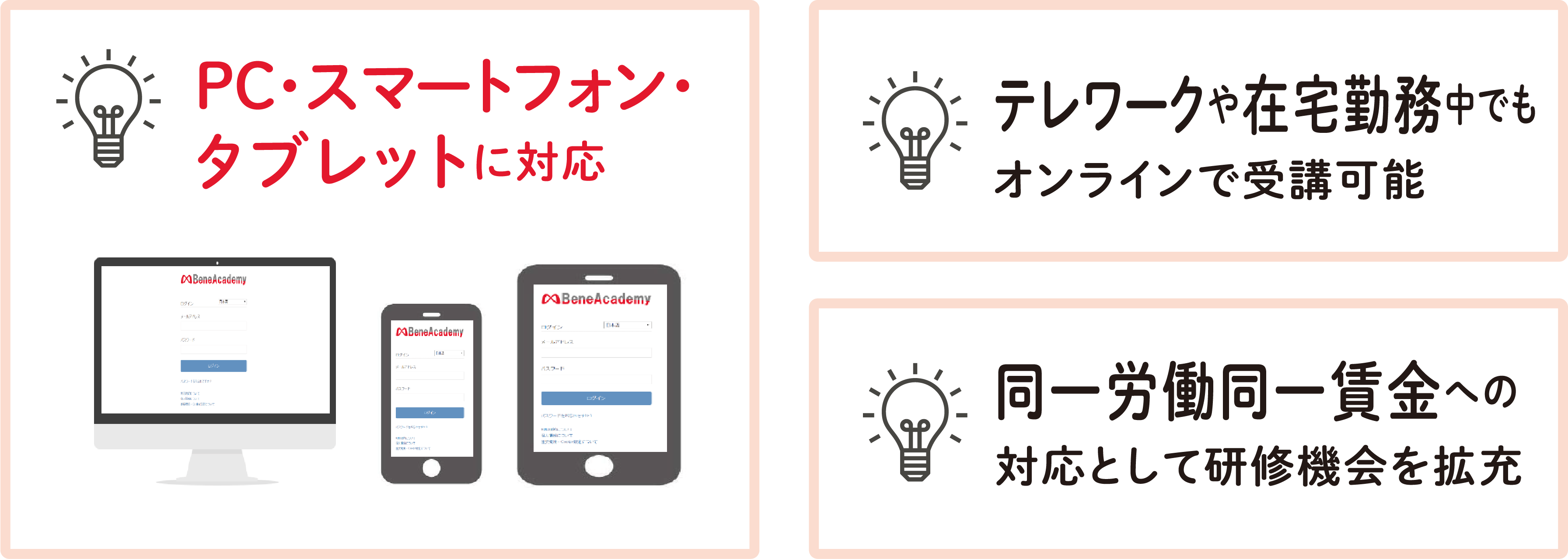 PC・スマートフォン・タブレットに対応/テレワークや在宅勤務中でもオンラインで受講可能/同一労働同一賃金への対応として研修機会を拡充